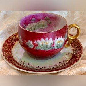 VTG Royal Sealy Japan Lusterware Teacup & Saucer Magenta Gold Lotus Flower 89/5C